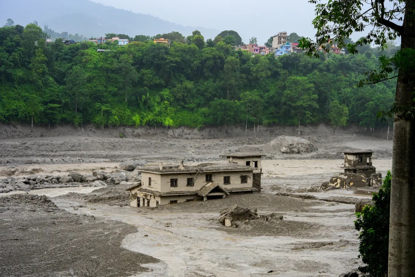 Flood damaged homes and landscape in Nepal